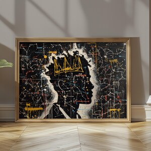 Quadro astratto da parete, profilo celeste nero, regalità cosmica (download digitale)