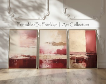Modern Abstract Rich Burgundy & Cream Wall Art Set of 3, Minimalist Neutral Art, Abstract Art Modern, Wall Art Decor, Digital Download