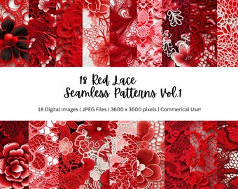 Red Lace Seamless Background Patterns, 18 Red Rustic Seamless Patterns, Lace Seamless Backgrounds, Lace Textures, 300DPI