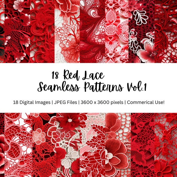 Red Lace Seamless Background Patterns, 18 Red Rustic Seamless Patterns, Lace Seamless Backgrounds, Lace Textures, 300DPI