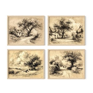 Neutral Aesthetic Decor Wall Art Set, Gallery Set of 4 Art Prints, Neutral Landscape Sketch Set of 4, Printed or Framed/Unframed