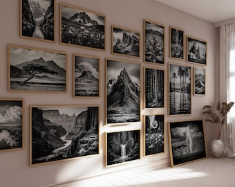 Cuadros de paisajes en blanco y negro, juego de 100, arte mural de paisajes, decoración mural de paisajes, arte mural en blanco y negro, descarga digital