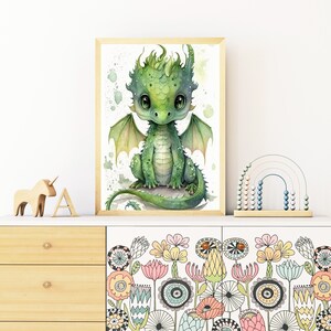 Aquarell Baby grüner Drache, Kinderzimmer Wandkunst, Baby Drachen Wandkunst, Baby Tier, druckbare Kinderzimmer Deko, Instant Download Bild 3