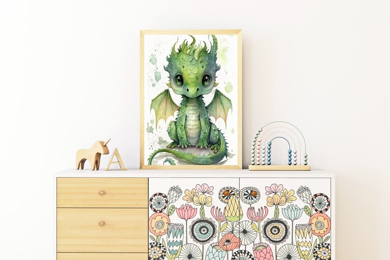 Watercolor Baby Green Dragon, Nursery Wall Art Décor, Baby Dragon Wall Art, Baby Animal, Printable Nursery Décor, Instant Download image 3