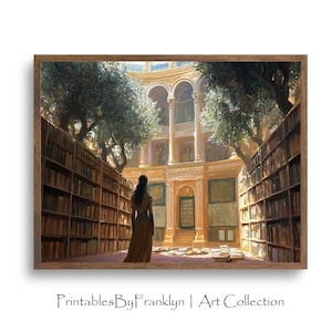 Atenea en un arte de la pared de la gran biblioteca, arte de la pared de la mitología griega, arte de la pared de la sala de estar, arte de la pared de los dioses griegos, diosa de la sabiduría