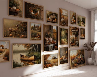 Puede incluir: Una colección de impresiones artísticas enmarcadas con escenas otoñales. La obra de arte incluye imágenes de calabazas, ciervos, paisajes y una canoa en un lago. La paleta de colores está dominada por tonos cálidos de naranja, marrón y dorado.