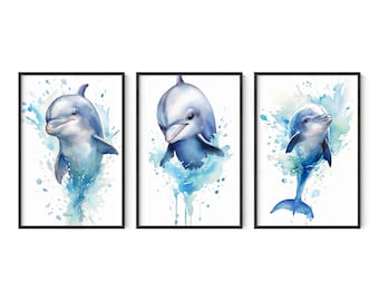 Arte de pared de delfines para guardería, juego de 3 impresiones, acuarela, animales bebés, descarga digital