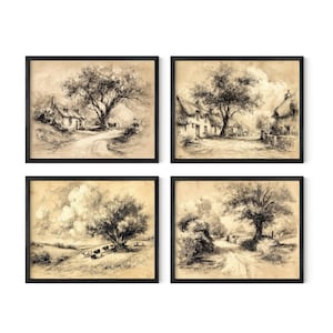 Neutral Aesthetic Decor Wall Art Set, Gallery Set of 4 Art Prints, Neutral Landscape Sketch Set of 4, Digital Download