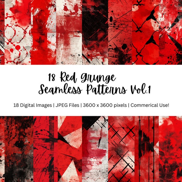 18 Red Grunge Seamless Pattern, Red Grunge Repeating Pattern, Red Backgrounds, Red Seamless Background, 300DPI