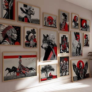 May include: A series of framed art prints depicting Native American figures and scenes. The artwork uses red, black, and white, with some pieces featuring a red sun. The prints are displayed on a white wall, creating a striking visual display.