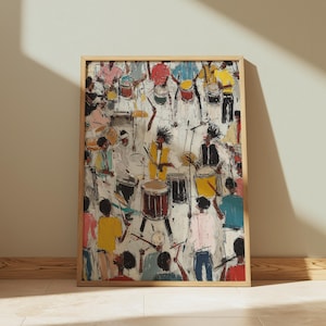 May include: A framed art print depicts a vibrant, abstract scene of a band playing drums. The artwork features a multitude of figures in colorful attire, playing various drums. The painting has a textured, expressive style with a white background and a wooden frame.