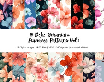 18 Boho Geranium Seamless Pattern, Geranium Seamless Backgrounds, Flower Seamless Pattern, Floral Backgrounds, 300DPI