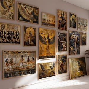 May include: A wall gallery of framed prints featuring Egyptian mythology and hieroglyphics. The prints depict gods, goddesses, and other figures from ancient Egyptian culture. The prints are framed in gold and black frames and are arranged in a grid pattern on a white wall.