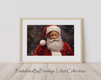 Black Santa Claus Lifelike Impasto Wall Art Painting v3, Christmas Wall Decor, Printable Xmas Decor, Rustic Christmas Art, Instant Download