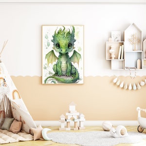 Watercolor Baby Green Dragon, Nursery Wall Art Décor, Baby Dragon Wall Art, Baby Animal, Printable Nursery Décor, Instant Download image 2