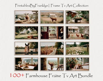 Puede incluir: Una colección de impresiones artísticas enmarcadas con temática de granja. Las imágenes representan escenas rurales, incluyendo animales, paisajes e interiores. El texto "Printables By Franklyn | Frame TV Art Collection" y "100+ Farmhouse Frame TV Art Bundle" son visibles.