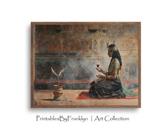 May include: A woman wearing a headdress and a long, flowing dress holds a small, red heart in her hand. She is standing in front of a wall with hieroglyphics and a small plant in a pot.