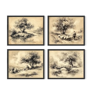 Neutral Aesthetic Decor Wall Art Set, Gallery Set of 4 Art Prints, Neutral Landscape Sketch Set of 4, Digital Download