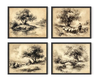 ニュートラルな美的装飾壁アートセット、ギャラリーセット4点アートプリント、ニュートラルな風景スケッチセット4点、デジタルダウンロード