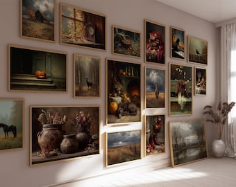 Puede incluir: Una colección de impresiones artísticas enmarcadas con una estética vintage. Las imágenes representan paisajes, naturalezas muertas y escenas con temática otoñal. La paleta de colores incluye tonos cálidos de marrón, naranja y verde, creando un ambiente acogedor.