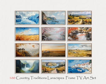 Puede incluir: Conjunto de 12 pinturas de paisajes enmarcadas que representan diferentes escenas, incluyendo un lago con montañas, un campo de trigo, un bosque con un estanque, un río con una cascada y un pueblo junto al mar. Las pinturas son todas de estilo rústico y tienen un ambiente cálido y acogedor.