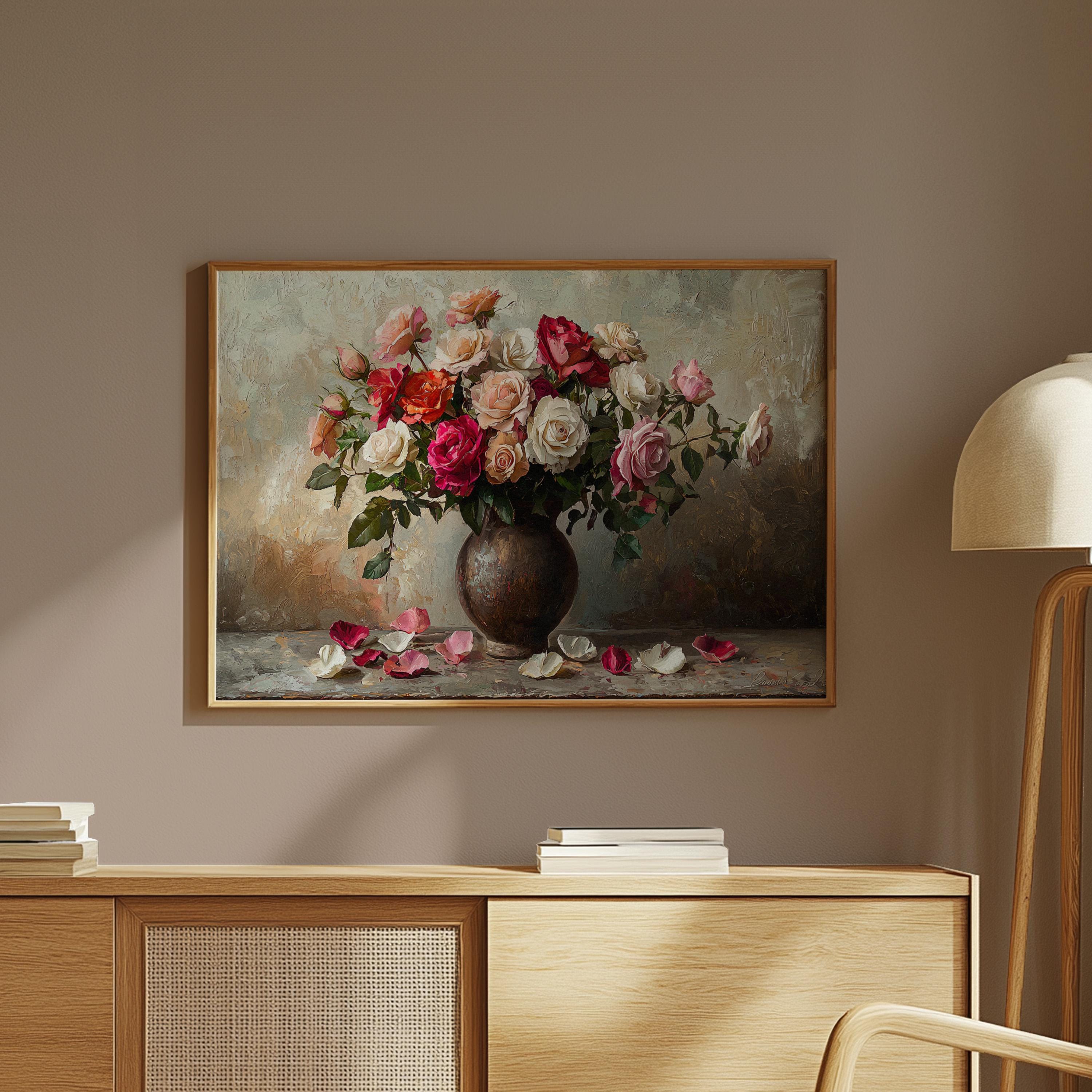 Vibrant Rose Bouquet in Antique Vase Wall Art, Flower Wall Art