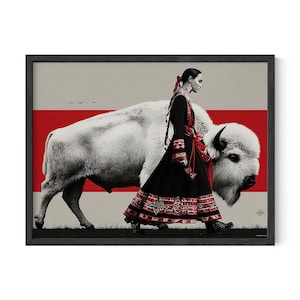 May include: Framed art print featuring a woman in a black and red patterned dress walking alongside a large white bison. The background has a red stripe against a gray backdrop, with a black frame.