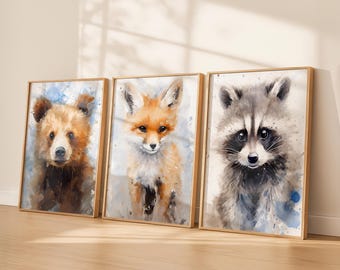 Conjunto de 3 Impressões para Quarto de Bebê com Tema Floresta, Arte de Parede com Tema Floresta, Decoração de Parede para Quarto de Bebê, Impressões de Animais Bebês da Floresta, Decoração de Parede para Quarto de Bebê, Download Digital