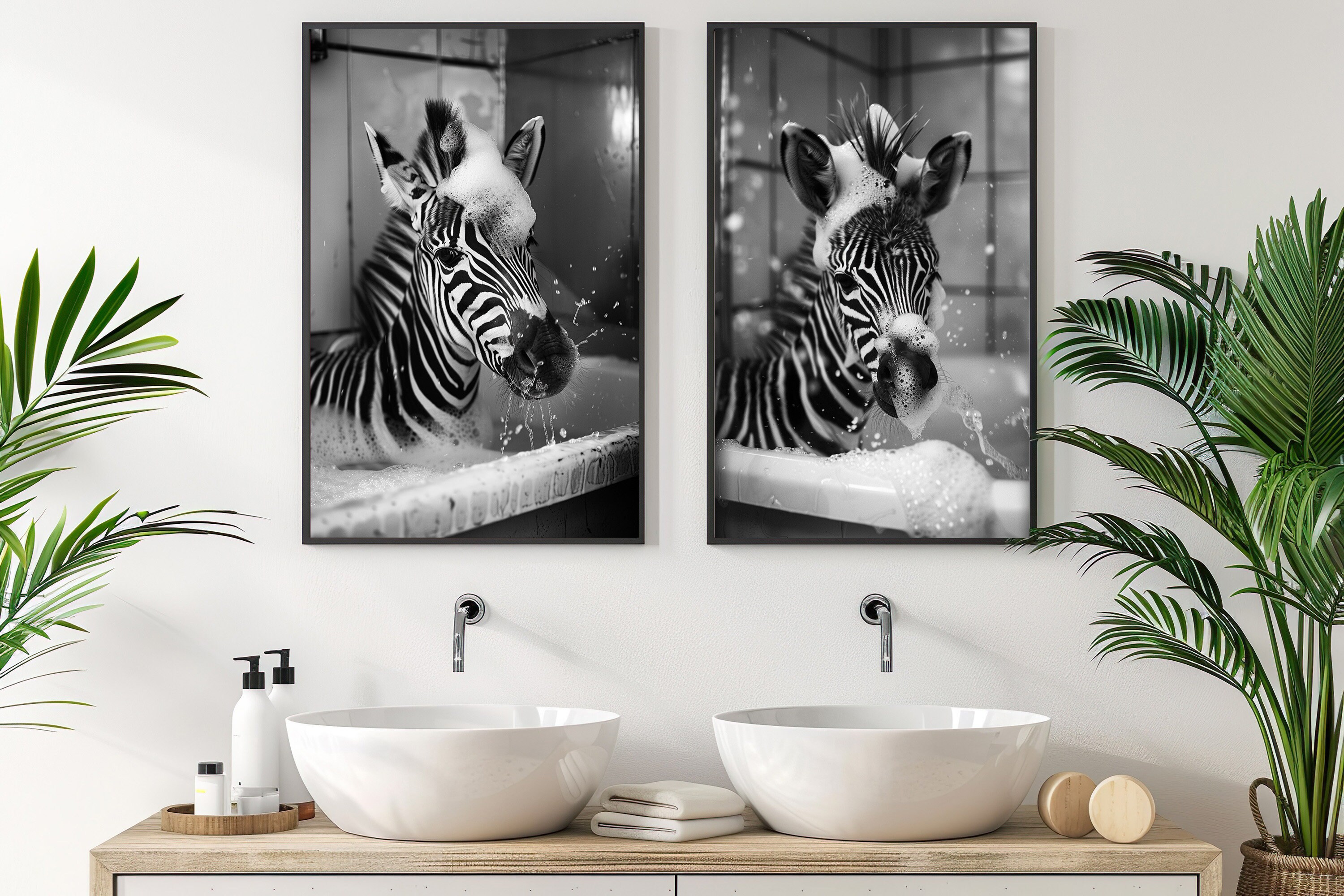 Zebras Taking a Bubble Bath Wall Art, Set of 2, Bathroom Wall Art ...