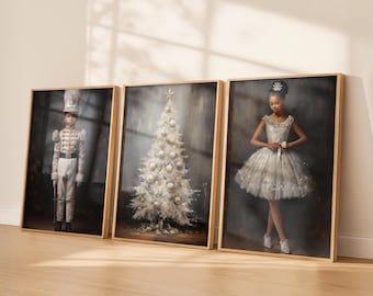 Christmas African-American Nutcracker White Wall Art, Christmas Wall Art Set of 3, Holiday Printable Art, Xmas Decor, Digital Download