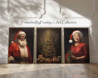Vintage Black Santa & Mrs. Asian Mrs Clause Wall Art, Set of 3, Black Santa Print, Christmas Decor, Vintage Christmas, Holiday Decor