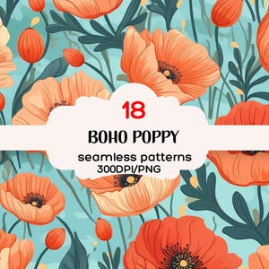 Boho Poppy Seamless Pattern, Poppy Seamless Background, Poppy Seamless Backgrounds, Flower Textures, Flower Seamless Pattern, 300DPI