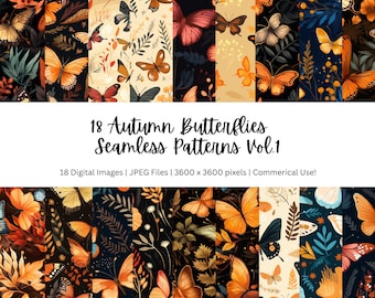 Autumn Butterflies Seamless Backgrounds Patterns, Butterfly Textures, Autumn Textures, Insects Backgrounds, Instant Download