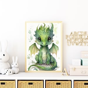 Aquarell Baby grüner Drache, Kinderzimmer Wandkunst, Baby Drachen Wandkunst, Baby Tier, druckbare Kinderzimmer Deko, Instant Download Bild 1