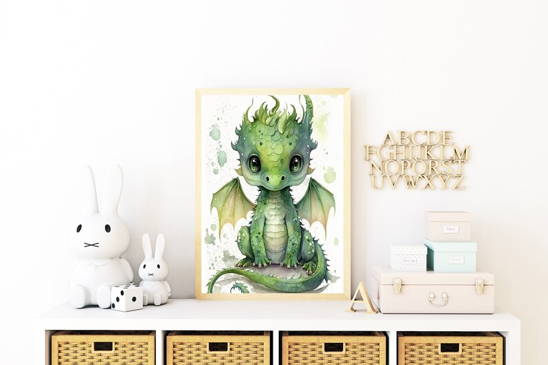 Aquarell Baby grüner Drache, Kinderzimmer Wandkunst, Baby Drachen Wandkunst, Baby Tier, druckbare Kinderzimmer Deko, Instant Download Bild 1