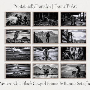 Peut inclure: Une collection de douze impressions d'art numériques en noir et blanc sur le thème du Western, incluant des cow-boys, des cow-girls, des chevaux, un loup, un longhorn et des paysages. Le texte PrintablesByFranklyn | Frame Tv Art et Western Chic Black Cowgirl Frame Tv Bundle Set of 100 est visible.