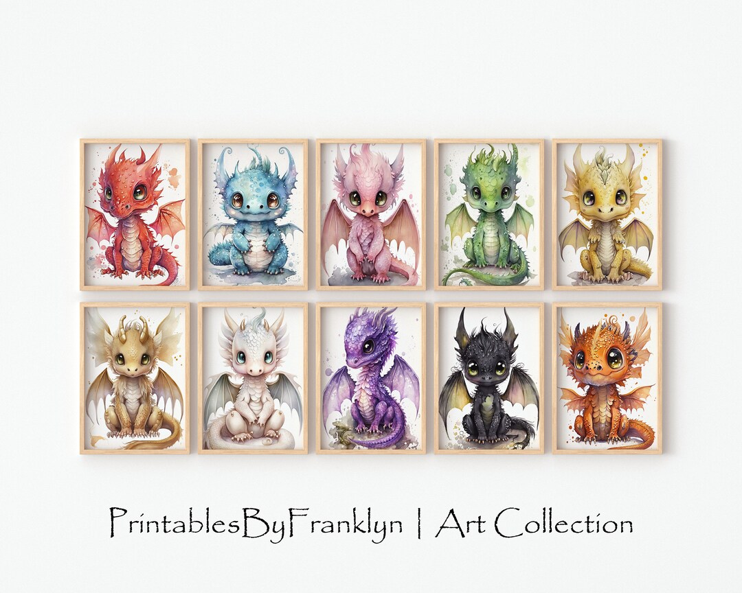 10 Watercolor Baby Dragons Bundle, Nursery Wall Art Décor Collection ...