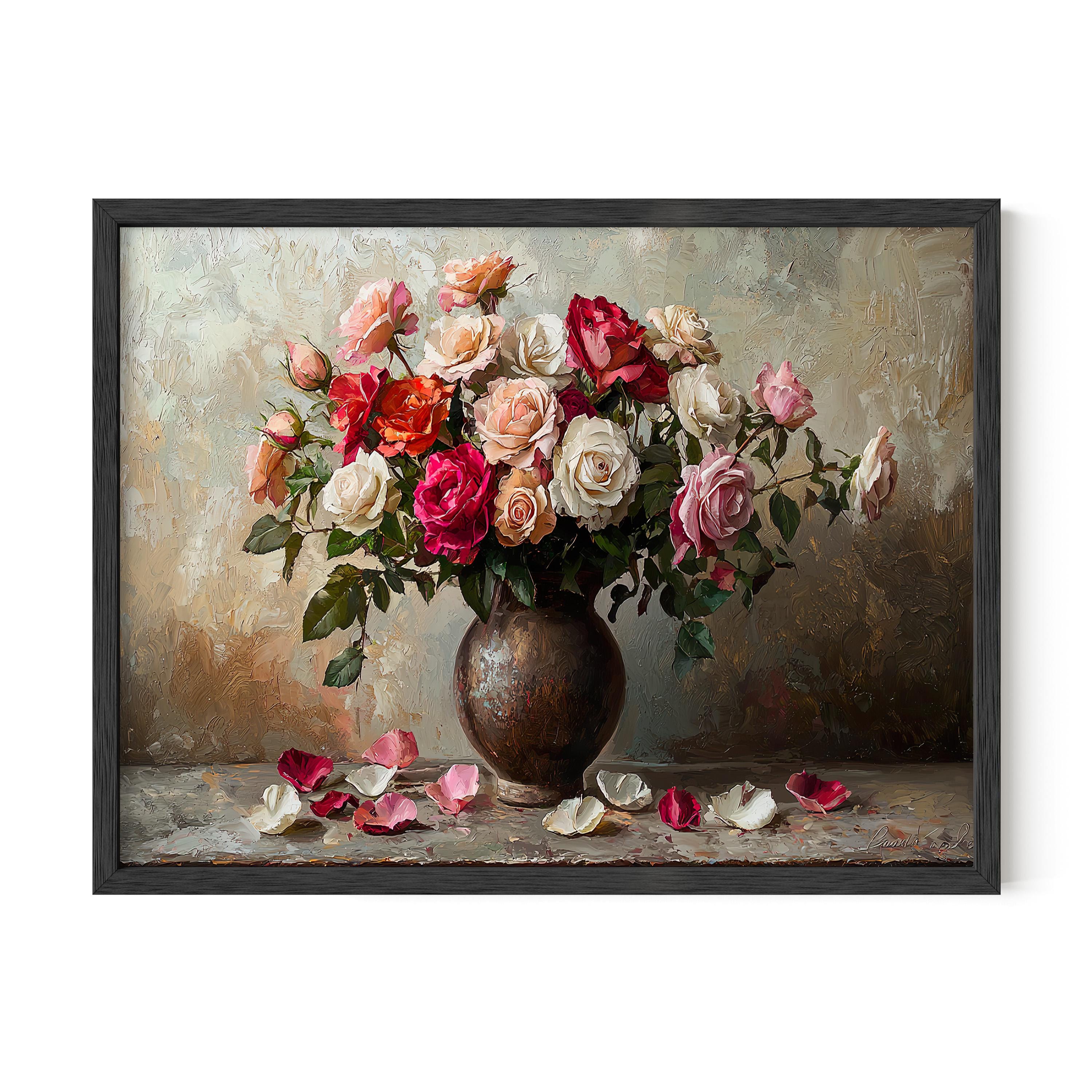 Antique Rose Wall Arrangement ウォールアート Vibrant Rose Bouquet in Antique Vase Wall Art, Flower Wall Art