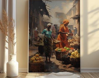 Antieke blik - Muurdecoratie met een levendig Afrikaans marktlandschap, Kunst met een zwarte vrouw, Afrikaanse muurdecoratie, Afrikaanse wandversiering, Digitale download