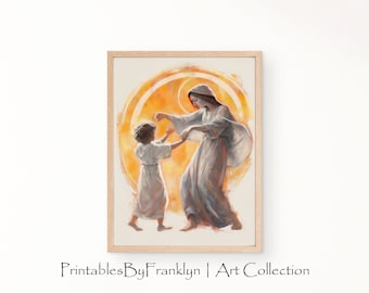 Mary Dancing with Young Jesus Wall Art, Mother Mary Wall Decor, Jesus Wall Art, Christmas Wall Decor, Catholic Wall Art