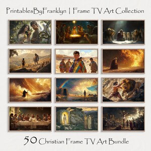 Op de afbeelding: Een collage van 12 ingelijste afbeeldingen die verschillende christelijke scènes uitbeelden, waaronder een kerststal, een man die over water loopt en een groep mensen die rond een tafel zitten. De tekst "50 Christian Frame TV Art Bundle" staat onderaan de collage.