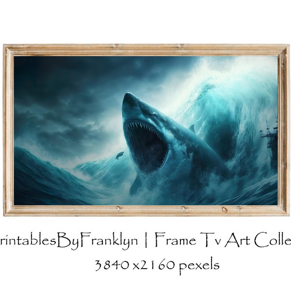Samsung Frame TV Art Giant Shark in the Deep Blue Sea,  Shark Frame Tv Art, Fish Frame Tv Art,  Digital Art for Samsung Frame Tv