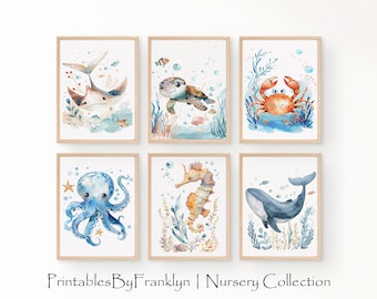 Nursery Sea Animal Wall Art Gallery, Set of 6, Nursery Decor, Watercolor Nursery Decor, Ocean Nursery Decor, Nursery Wall Art, PRINTABLE ART
