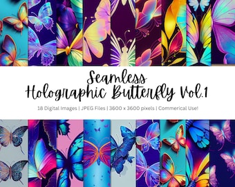 Holographic Butterfly Digital Paper Pack - Butterfly Seamless Textures, Butterfly Background Patterns, 300 DPI, Instant Download