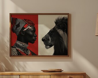 African Warrior vs Lion Wall Art, African Wall Art, African Wall Decor, African Decor, Black Art, Digital Download