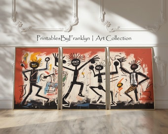 Rhythmic Celebrations - Dance Depicte Art Wall Art, Black Wall Art, Jean-Michel Basquiat Inspired Art, Living Room Wall Art