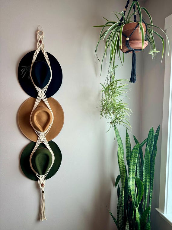 Gold Ring Triple Macrame Hat Holder How to Make a Macrame Hanger for Hats — The Green Mad House main image 2