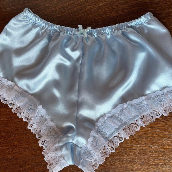 Ladies Bloomers short hot pants light blue satin with white lace all sizes. Custom made available