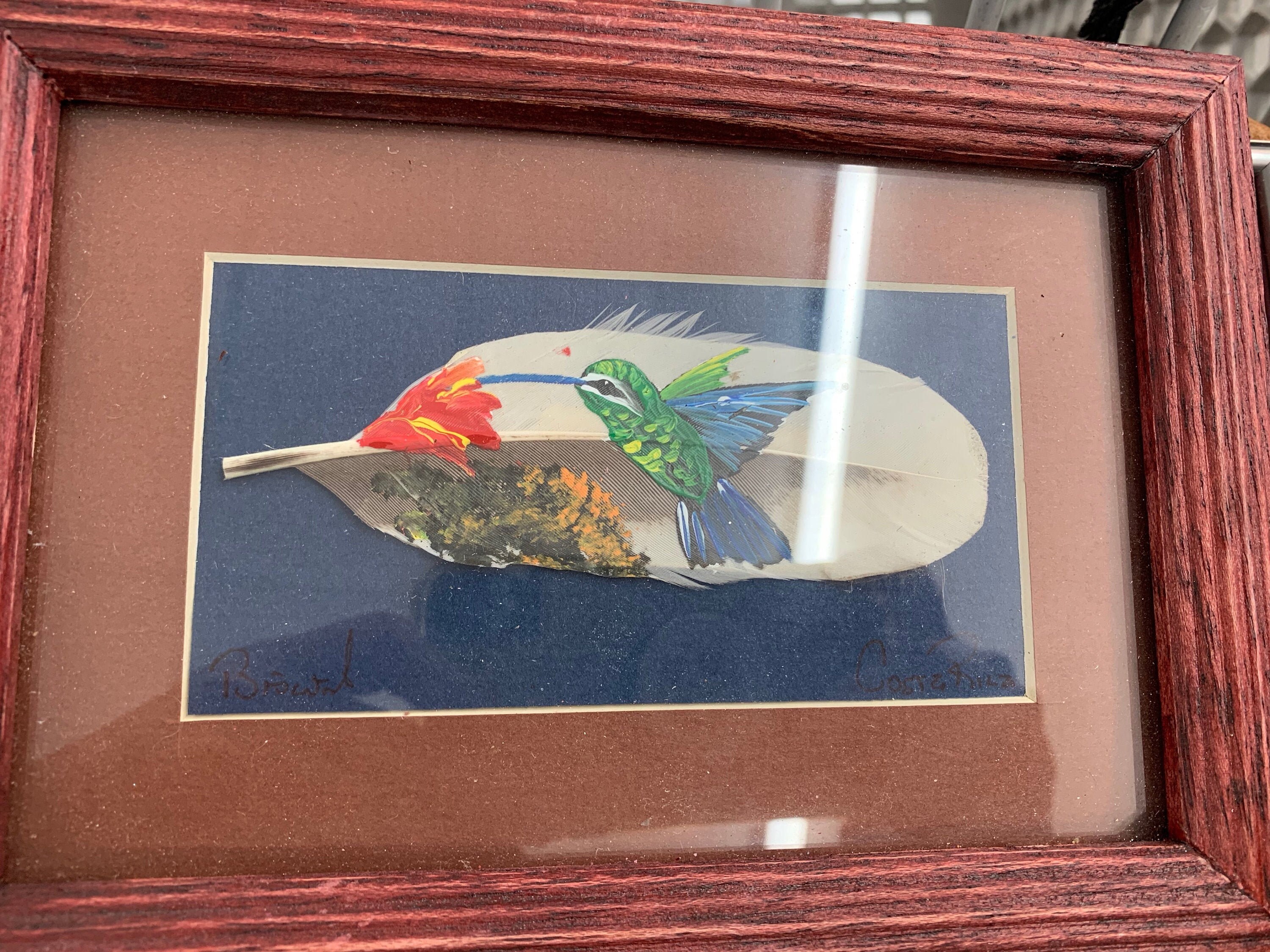 Costa Rican Hand Painted Framed Feather With Hummingbird Art Etsy