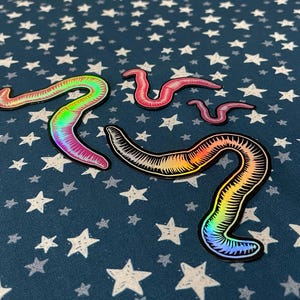 May include: Four colorful worm stickers with a holographic effect. The worms are in shades of pink, green, yellow, and blue, with black outlines. The stickers are on a dark blue background with white star patterns.